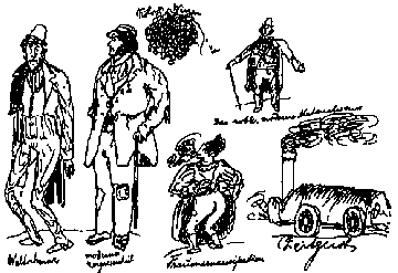 Cartoons (left to right): Weltschmerz (World-weariness), Moderne Zerrissnheit (Modern stress and strain), Kölner Wirren (Cologne discord), Der noble, moderne Materialismus (The noble, modern materialism), Frauenemancipation (Emancipation of women), Zeitgeist (Spirit of the times)